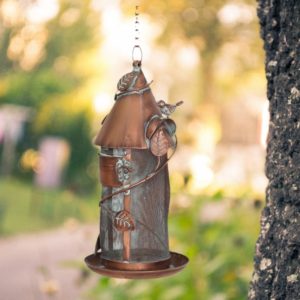 Hanging Iron Bird Feeder with Antique Copper Finish Hanging Iron Bird Feeder with Antique Copper Finish