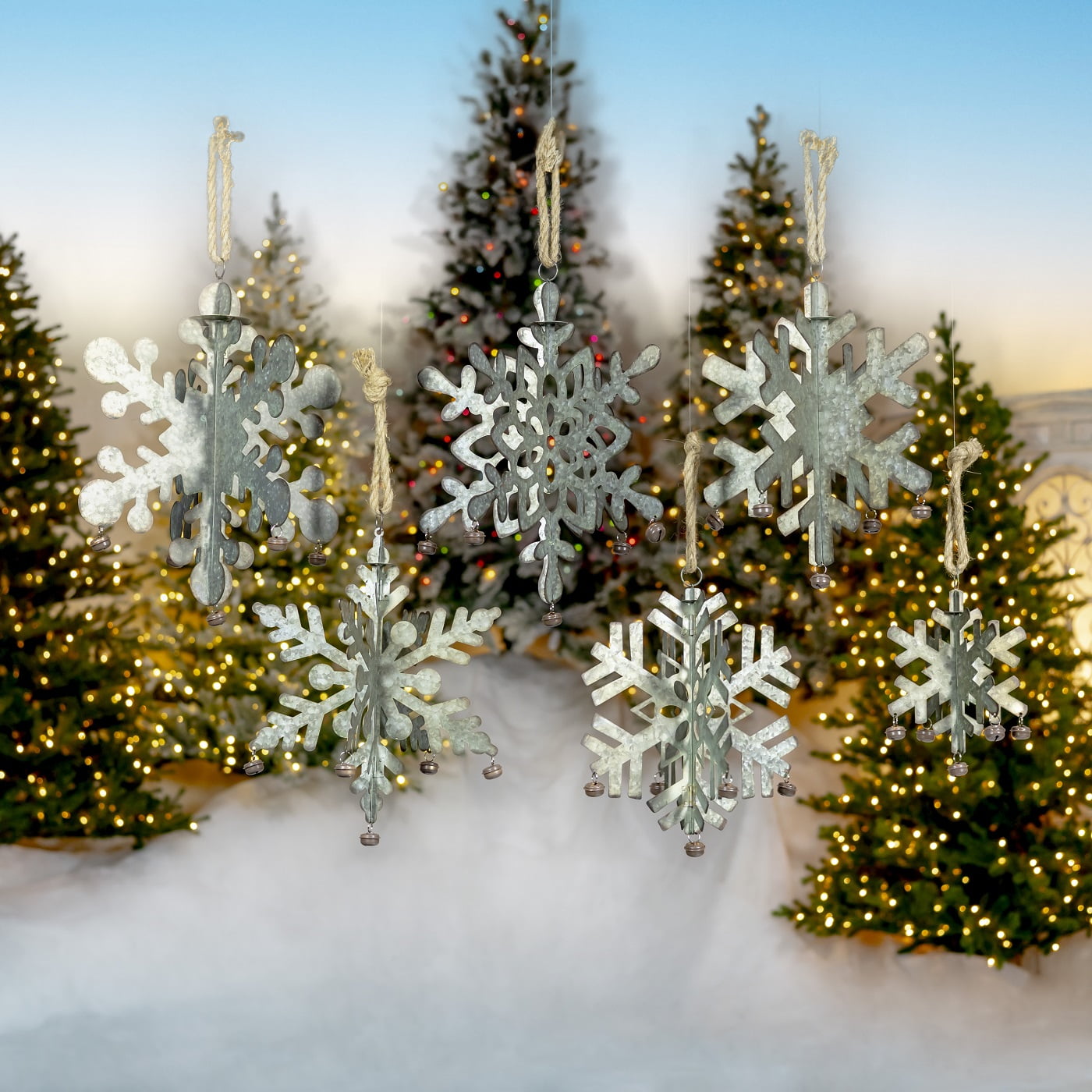 Set of 6 Hanging Galvanized Folding Snowflakes with Bells Set of 6 Hanging Galvanized Folding Snowflakes with Bells Image
