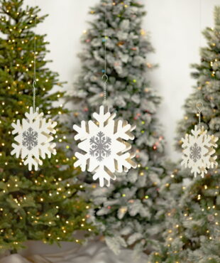 set of 3 large iron hanging white snowflakes with painted silver snowflake and LED backlights