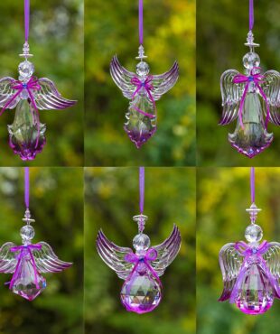 collage of large purple acrylic angels in 6 assorted styles hanging ornaments