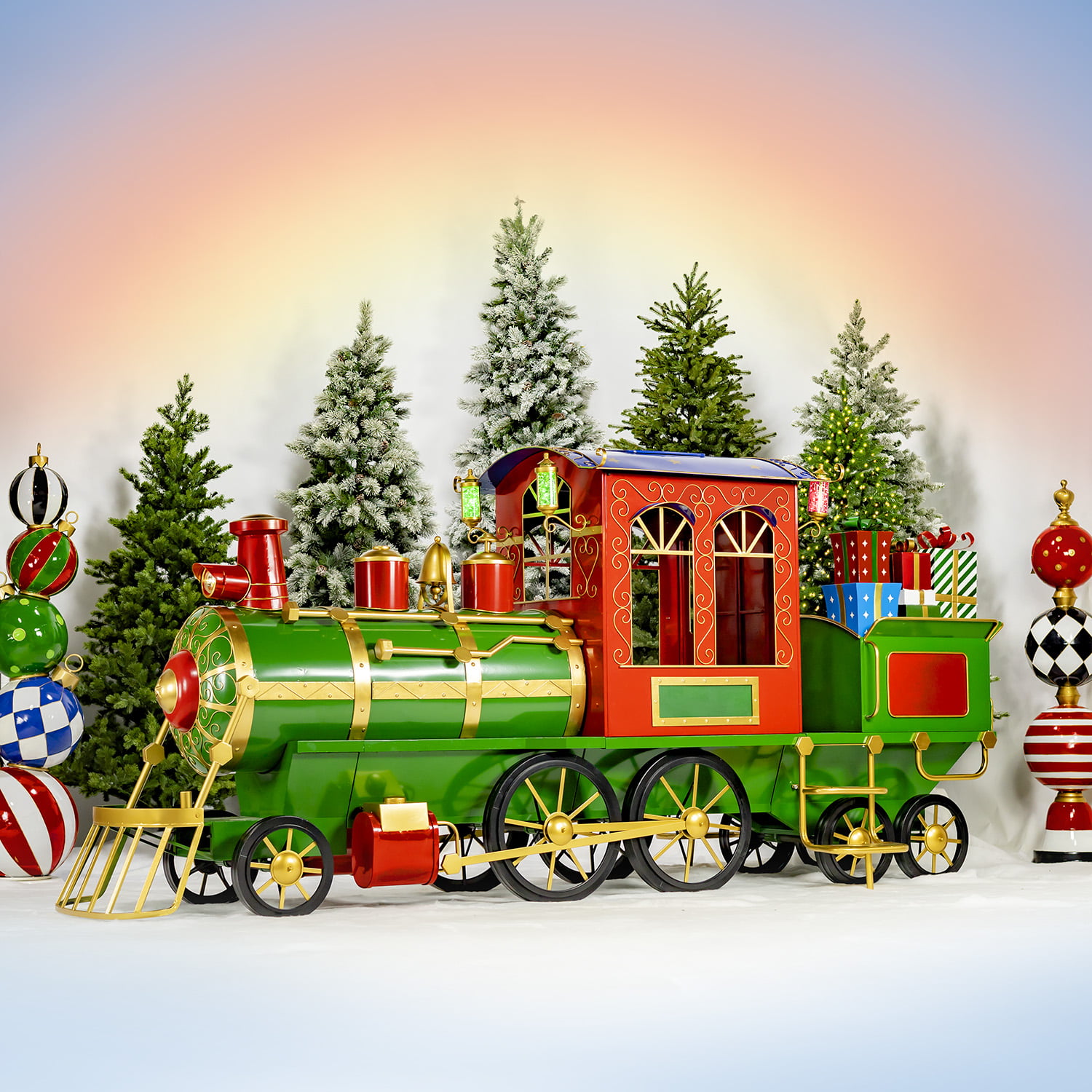 12.5 ft. Long Large Iron Christmas Train with Cart and Lanterns 12.5 ft. Long Large Iron Christmas Train with Cart and Lanterns