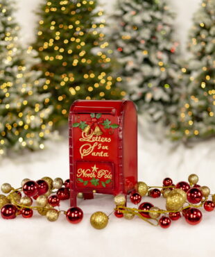 small metal glossy red mailbox with gold lettering, bells and bow with opening door for letters