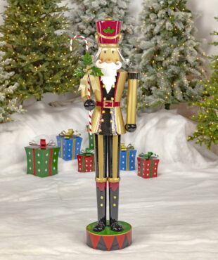 5.5 Feet tall Freestanding iron nutcracker soldier in gold with candy cane and LED Lights