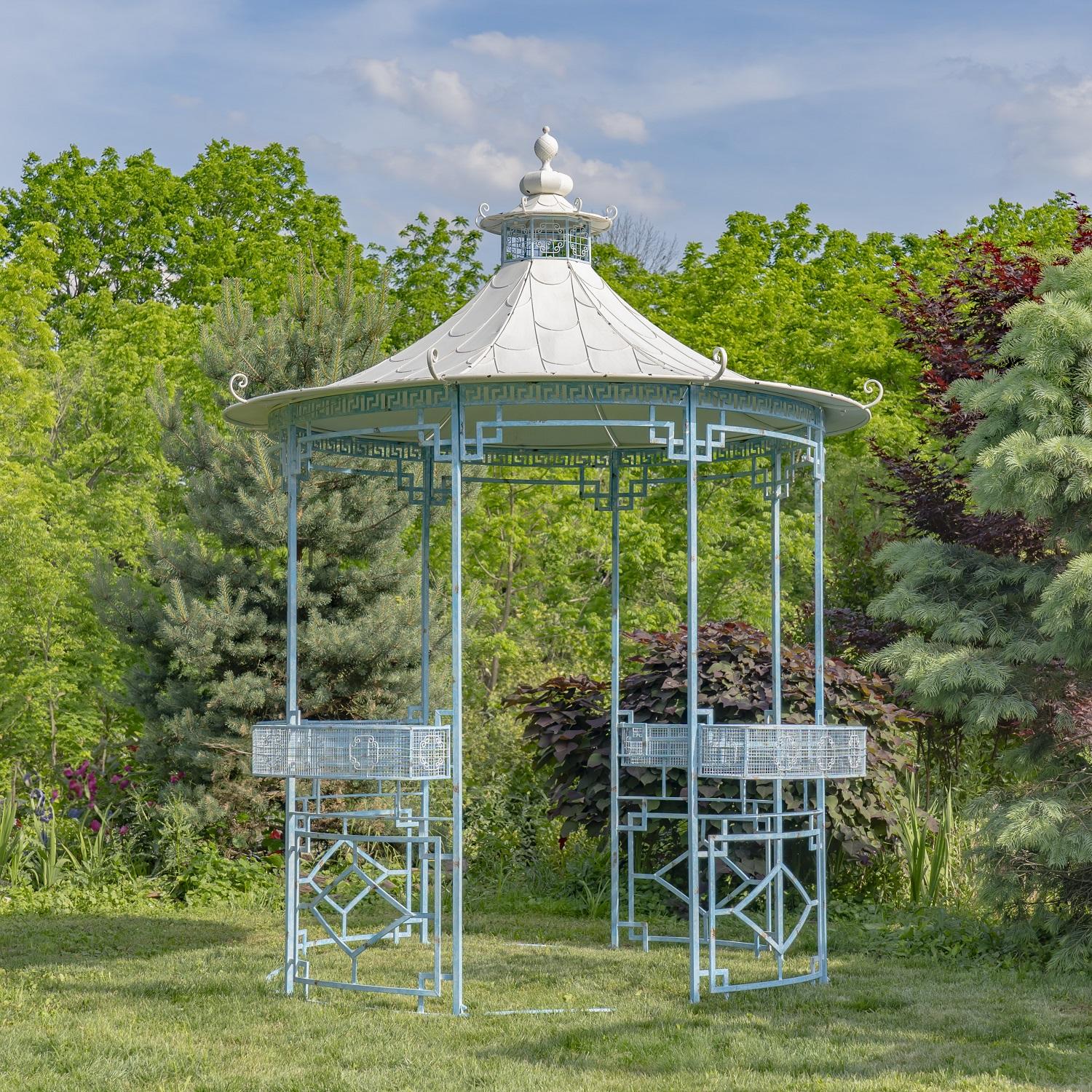 11.6 ft. Tall Opulent Round Iron Gazebo with Side Walls & Planters in Light Blue 11.6 ft. Tall Opulent Round Iron Gazebo with Side Walls & Planters in Light Blue