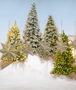 set of 5 metal three-dimensional 8-point ornate stars in frosted gold finish, hanging in front of Christmas tree