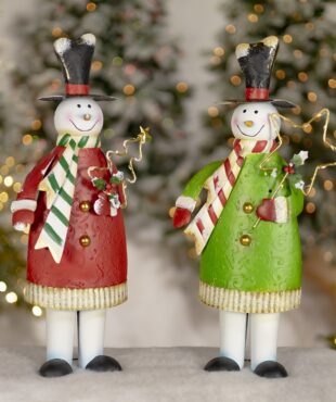 set of two metal snowmen in red and green with LED lights Christmas decorations