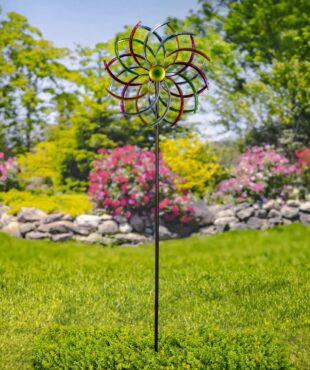 The iron windmill blades are each hand painted in metallic jewel tones, adding color